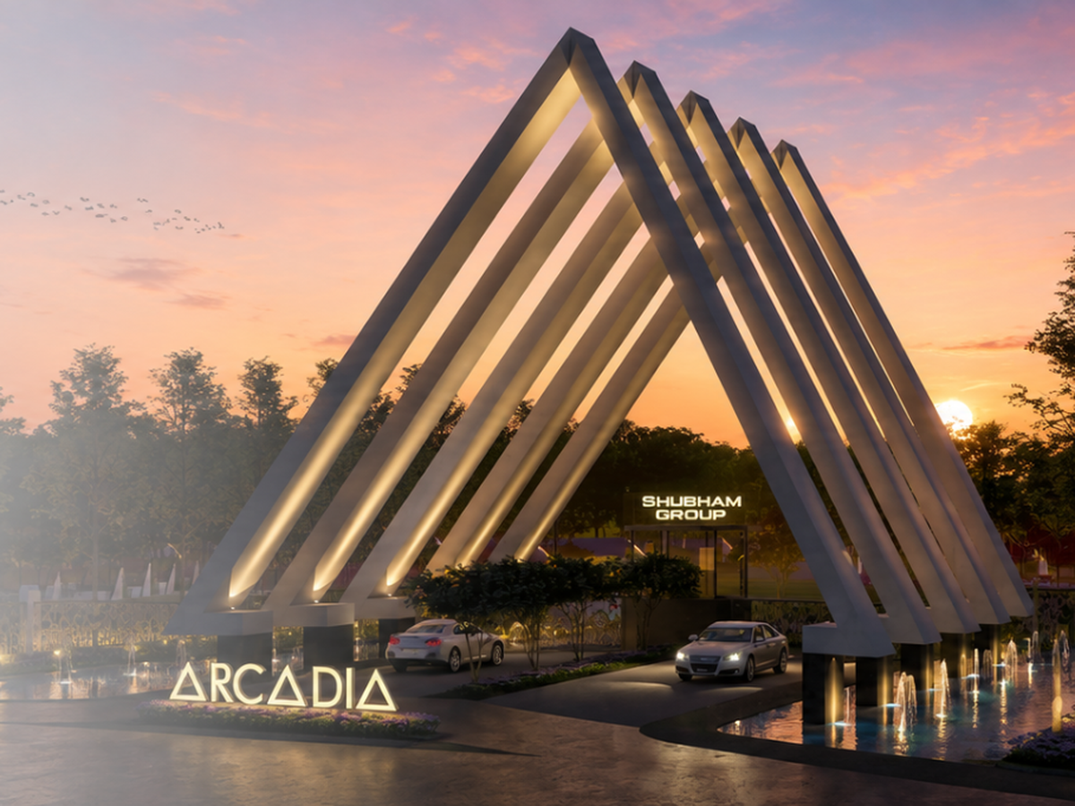 Illuminated triangular entrance gateway of Shubham Arcadia